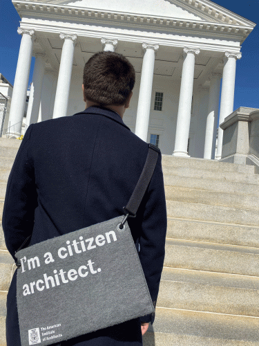 person walking up Virginia capitol steps holding a sign, "I'm a citizen architect."